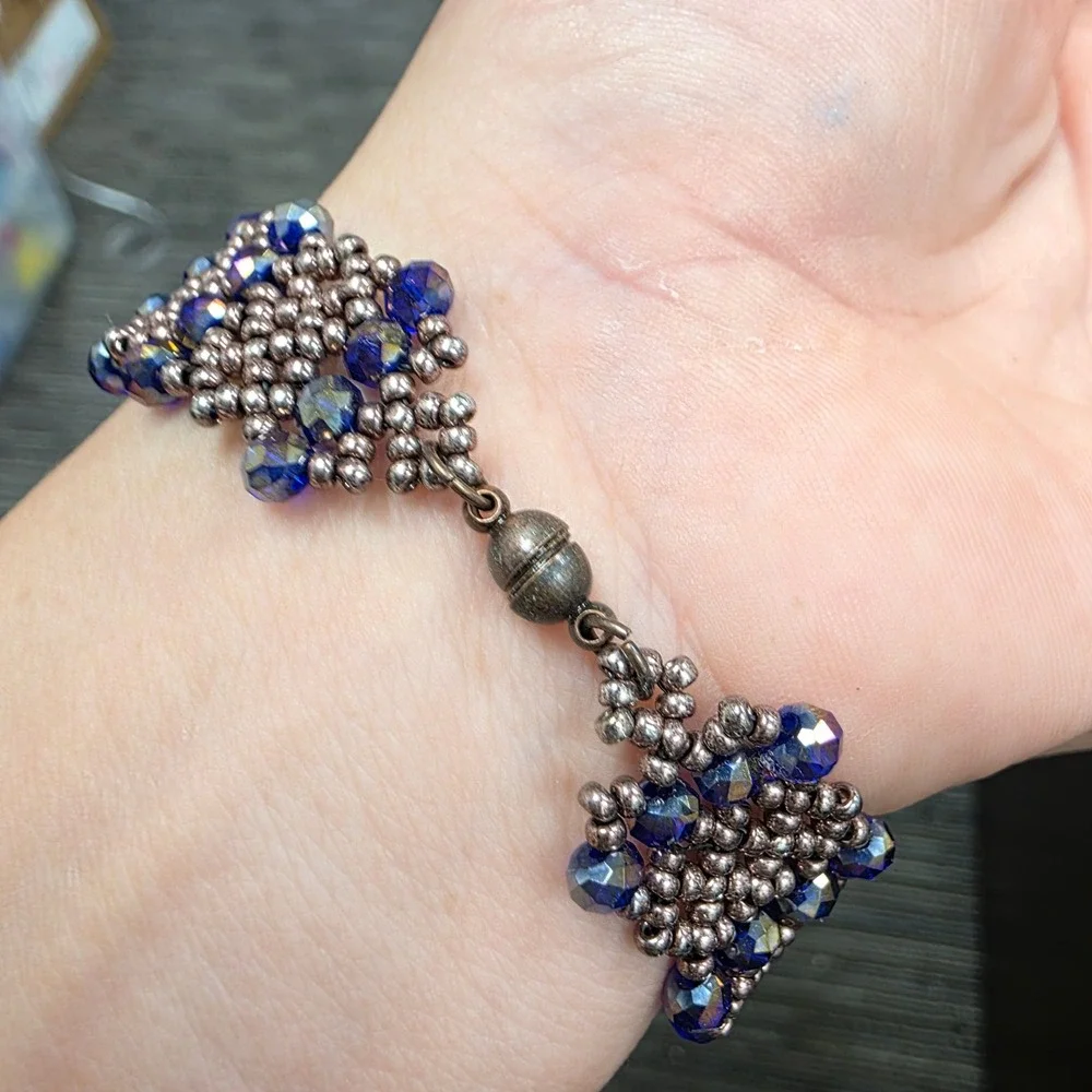 Handmade Beaded Cuff Bracelet Blue Iridescent Crystal Bronze Seed Bead Magnetic